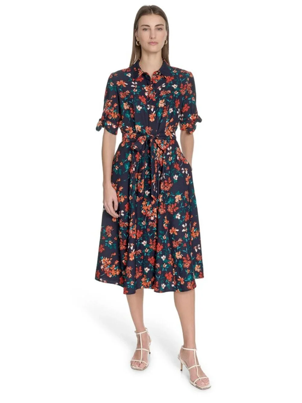 Calvin Klein Floral Belted Midi Dress Navy Orange Green MSRP $139